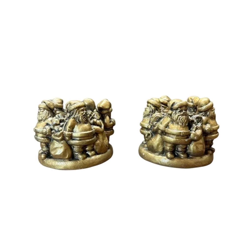 VTG Bronze Color Santa Claus Toys Friend Circle Pillar Candle Holder Set Of 2